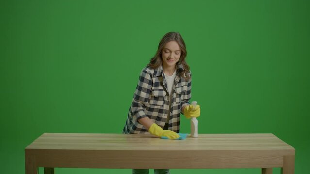 Green Screen.A Smiling Young Woman Housewife Cleaning the Table with a Spray Bottle and a Rab,Enjoying Cleaning. DIY Cleaning Solutions. Home Office Organization Tips.