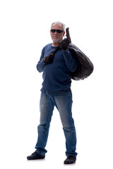 Old male burglar isolated on white