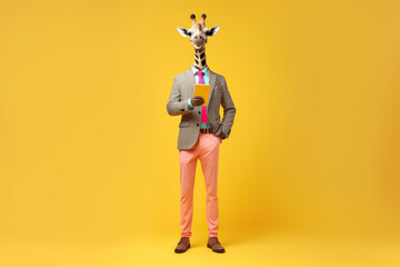Fototapeta na wymiar portrait of happy giraffe with a phone, 