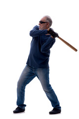 Old male burglar holding baseball bat isolated on white