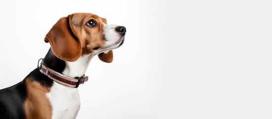 A cute beagle dog with a collar seen from the side isolated on a white background