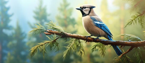 A blue bird perches on a tree limb in the woods