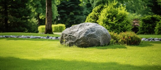 A piece of lush green grass with a big rock plants and bushes Empty area for text