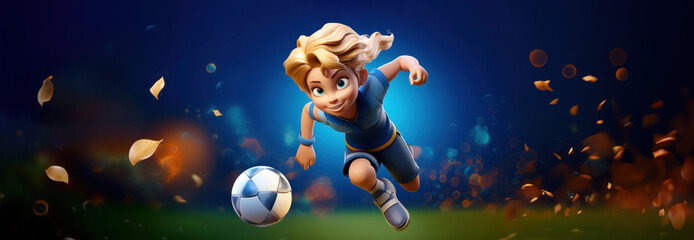 football or soccer player girl running fast and kicking a ball while training and playing a match, dynamic active pose of kids and children success in sports championship in cartoon style wide banner
