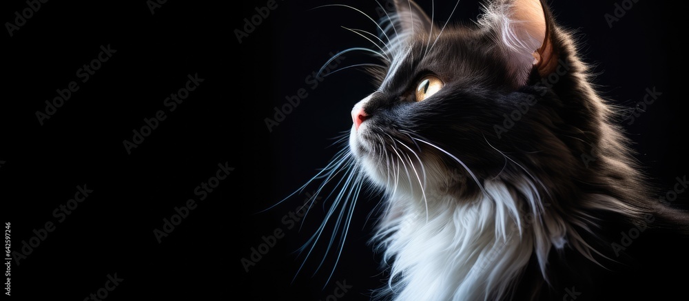 Poster backlit cat portrait on black background with space for text