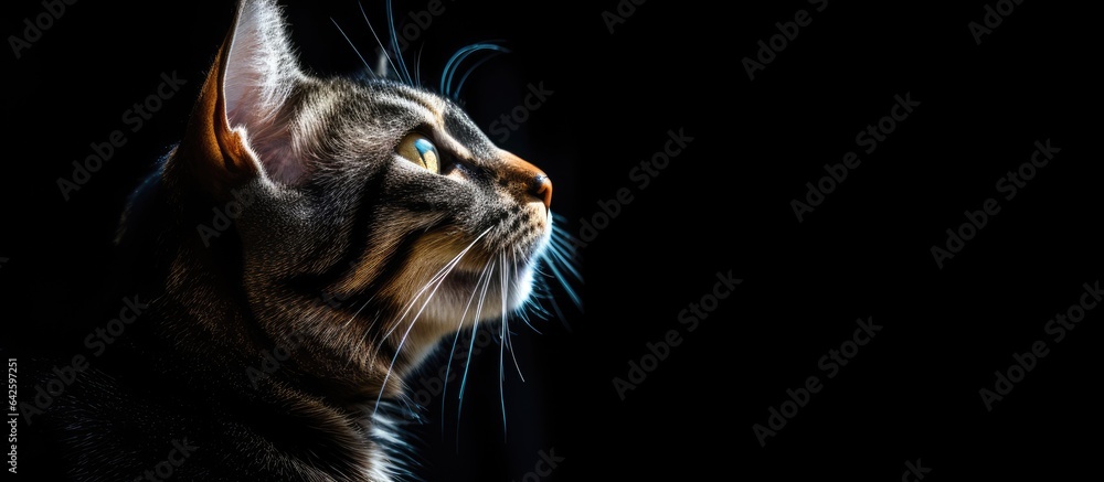 Poster Backlit cat portrait on black background with space for text