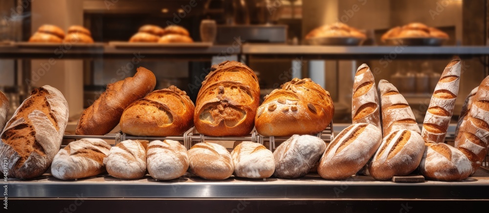 Poster bakery showcasing freshly baked breads in the display case