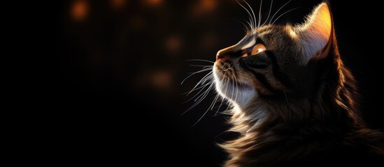 Backlit cat portrait on black background with space for text