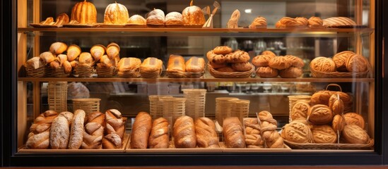 Bakery showcasing freshly baked breads in the display case