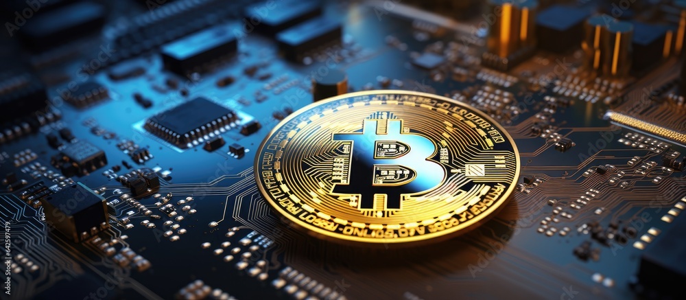 Poster bitcoin like concept of future and investment in computer s motherboard