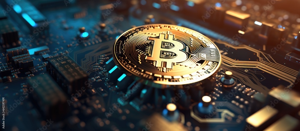 Poster bitcoin like concept of future and investment in computer s motherboard