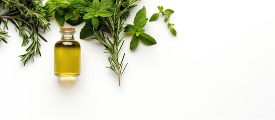Bird s eye view of rosemary thyme mint oils on white background