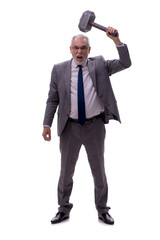 Obraz premium Old businessman holding big hammer isolated on white