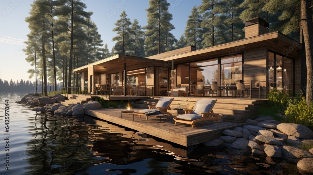 Poster a rendering of a house on a lake. generative ai image.