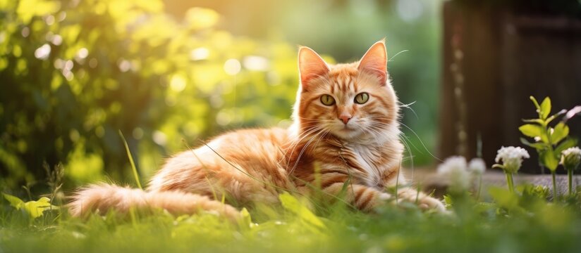 Brown cat lounging in garden with close up and selective focus