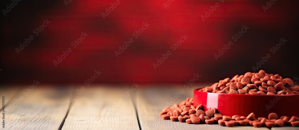 Poster cat and dog food presented in a red bowl with dry kibble and paw prints accompanied by a white backg