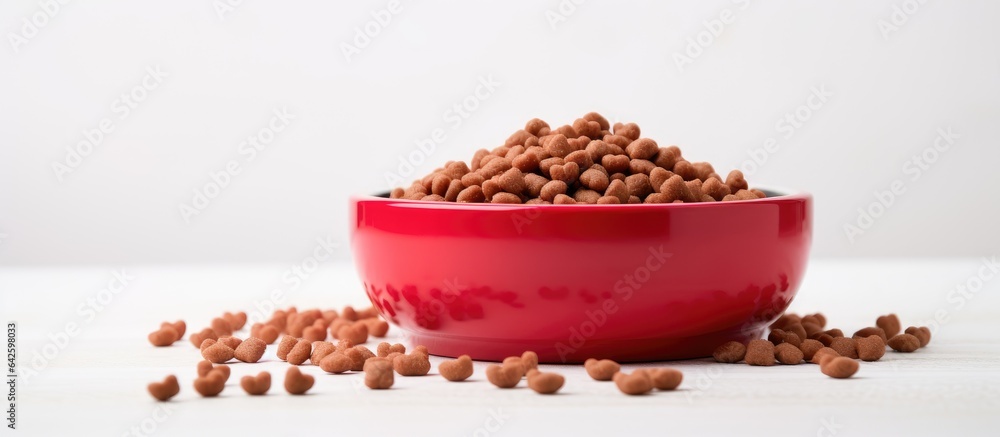 Poster cat and dog food presented in a red bowl with dry kibble and paw prints accompanied by a white backg