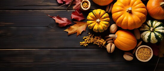 Fototapeta na wymiar Capture autumn s harvest bounty with a captivating high angle photo of various pumpkins and nuts on a rustic wooden background perfect for text or advertising