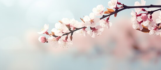 Cherry tree branch with copyspace in spring blurred background