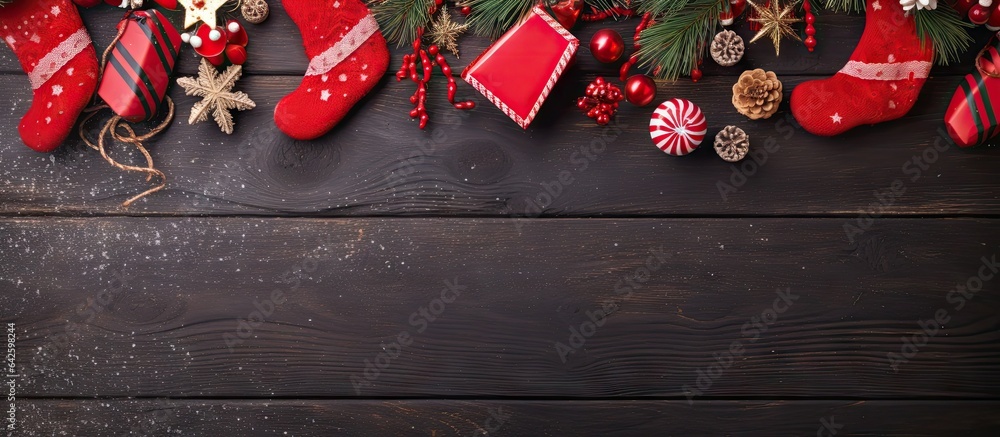Poster Christmas themed background with empty space in the middle and various objects like socks decorations ribbon bow frame and evergreen fir branch