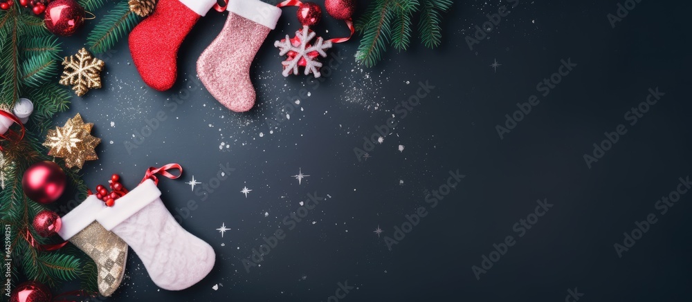 Poster Christmas themed background with empty space in the middle and various objects like socks decorations ribbon bow frame and evergreen fir branch
