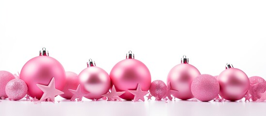 Christmas themed objects like pink balls and stars are alone on a white background resembling snow