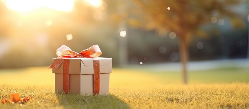 Christmas gift box on lawn with sunlight background
