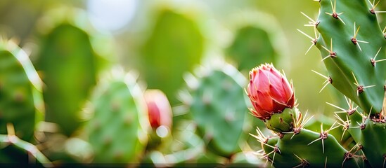 Close up of a cactus bud with empty space to the left Growing young cactus leaf with flower Immature prickly pear leaf - Powered by Adobe