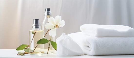 Close up of a white towel adorned with cosmetics in a beauty salon or bathroom offering copy space