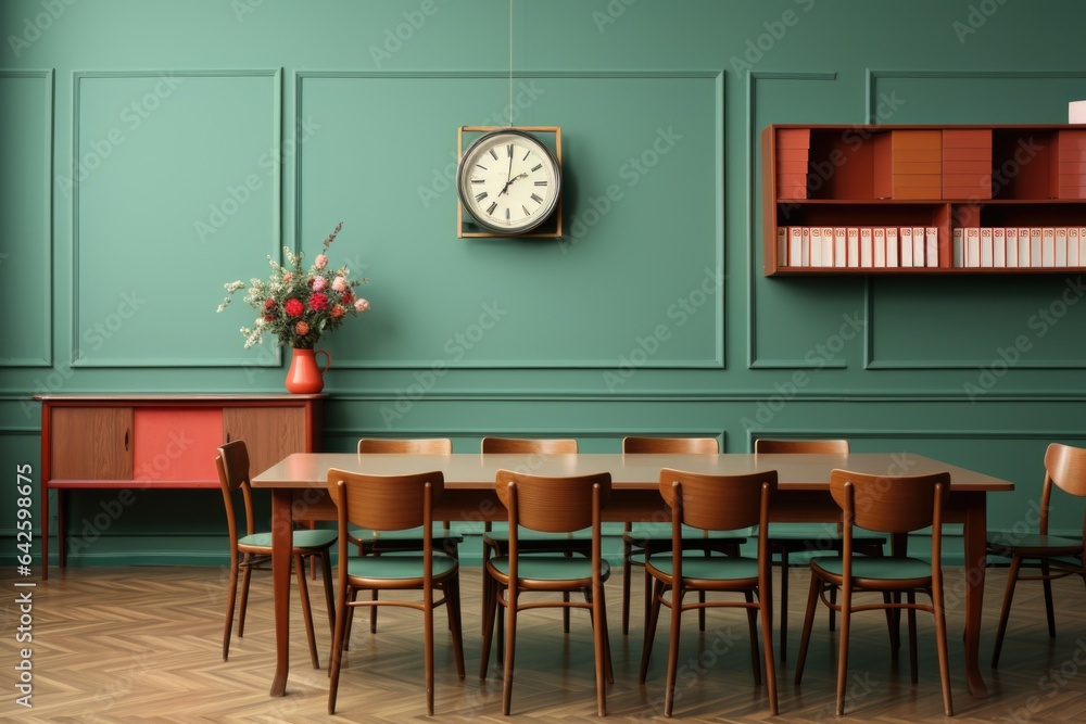 Poster a room with a table and chairs and a clock on the wall. generative ai image.