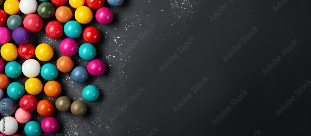 Poster Colorful candy balls on gray black paper background in horizontal banner format with empty area for text