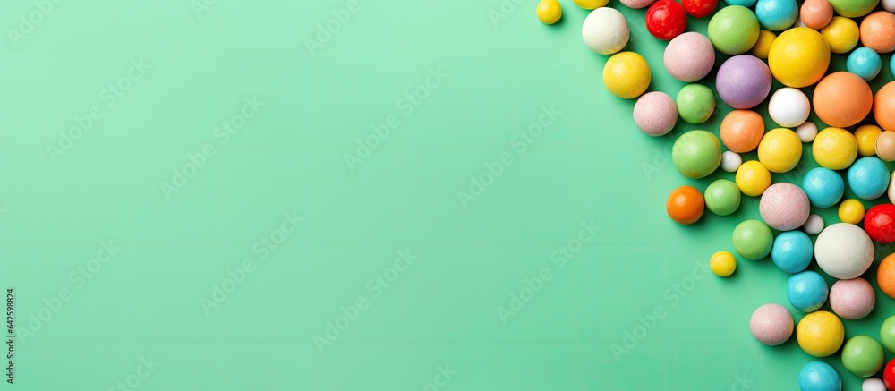 Poster colorful candy balls on green paper background formatted as vertical banner with space for text
