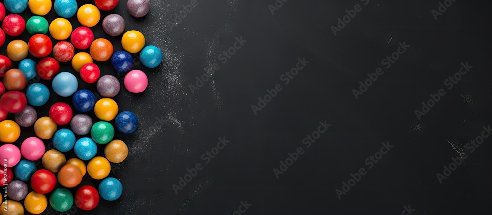 Poster colorful candy balls on gray black paper background in horizontal banner with space for text
