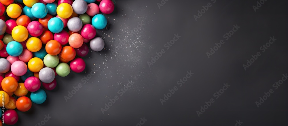 Poster colorful candy balls on gray black paper background in horizontal banner with space for text