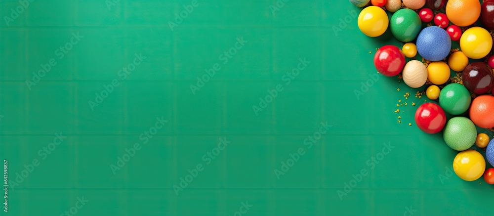 Poster colorful candy balls on green paper background formatted as vertical banner with space for text