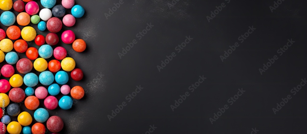 Poster Colorful candy balls on gray black paper background in horizontal banner format with empty area for text