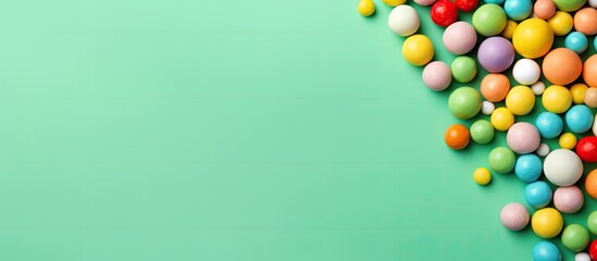 Colorful candy balls on green paper background formatted as vertical banner with space for text