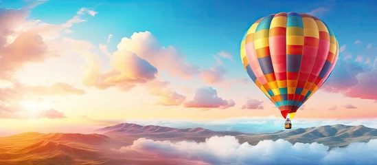 Poster Colorful hot air balloon flying in the sky illustrating travel and air transportation © vxnaghiyev