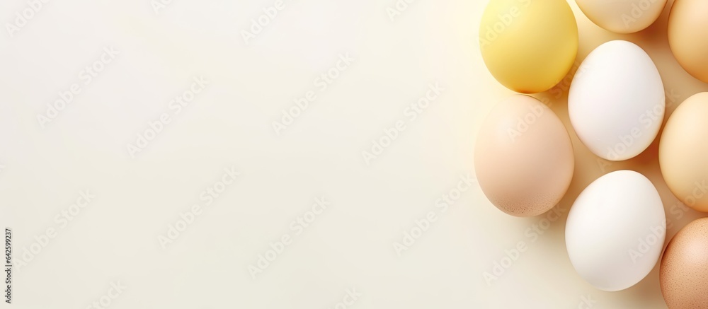 Poster Cream colored Easter card with eggs minimal concept for web banner Copy space and top view