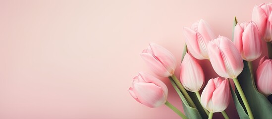 Creative concept for International Mother and Family Day Pink tulip flower arrangement - obrazy, fototapety, plakaty