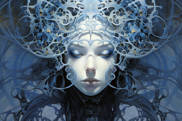 Elpis the spirit of hope, Black paper with intricate and vibrant light blue line work, Tarot Card, Fractal, Full of silver layers, Portrait, Incredible light blue and black