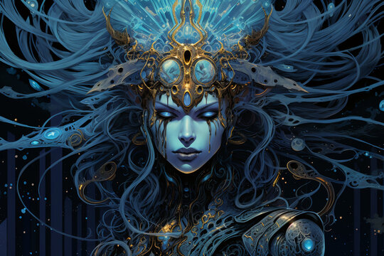 Elpis the spirit of hope, Black paper with intricate and vibrant light blue line work, Tarot Card, Fractal, Full of silver layers, Portrait, Incredible light blue and black