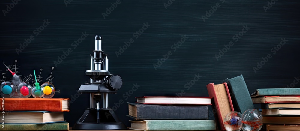 Poster education concept with books microscope and blackboard backdrop in the auditorium
