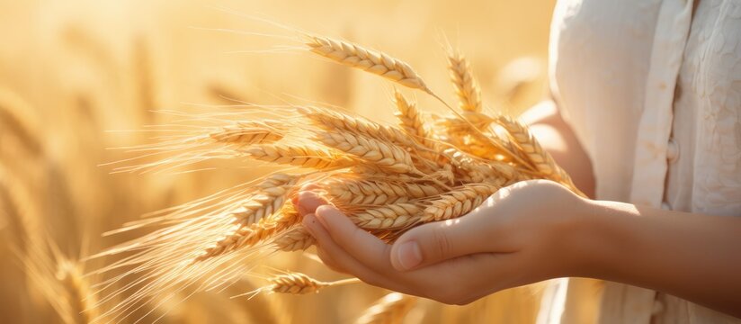 Female farmer inspecting wheat field close up of hand touching wheat space for text background - Powered by Adobe