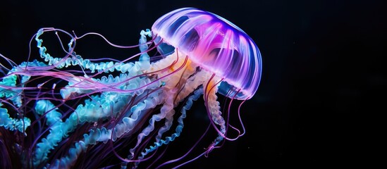 Fluorescent jellyfish dances gracefully underwater - obrazy, fototapety, plakaty