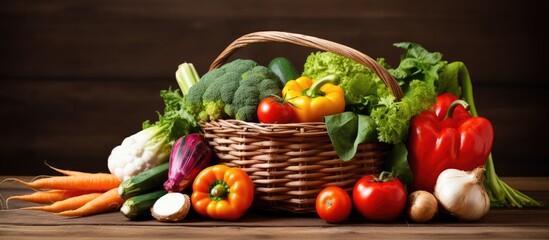 Fresh vegetables and greens in a wicker basket on wooden background harvested for Thanksgiving with empty area