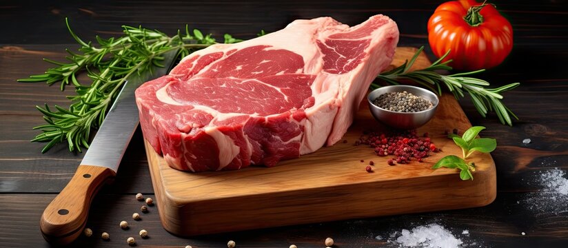 Fresh veal shank on wooden cutting board with cleaver - Powered by Adobe