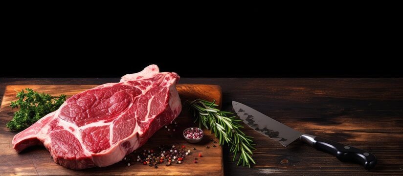 Fresh veal shank on wooden cutting board with cleaver