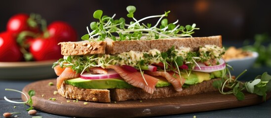 Healthy fast food sandwich with avocado salmon green onions gluten free bread radishes and tomatoes