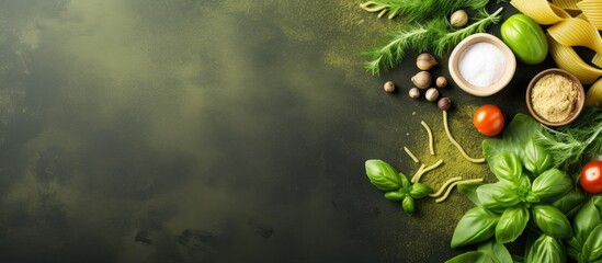 Healthy Italian food Tagliatelle pasta with green pesto sauce Selective focus copy space